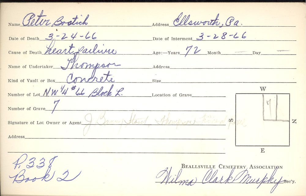 Peter Bostich burial card